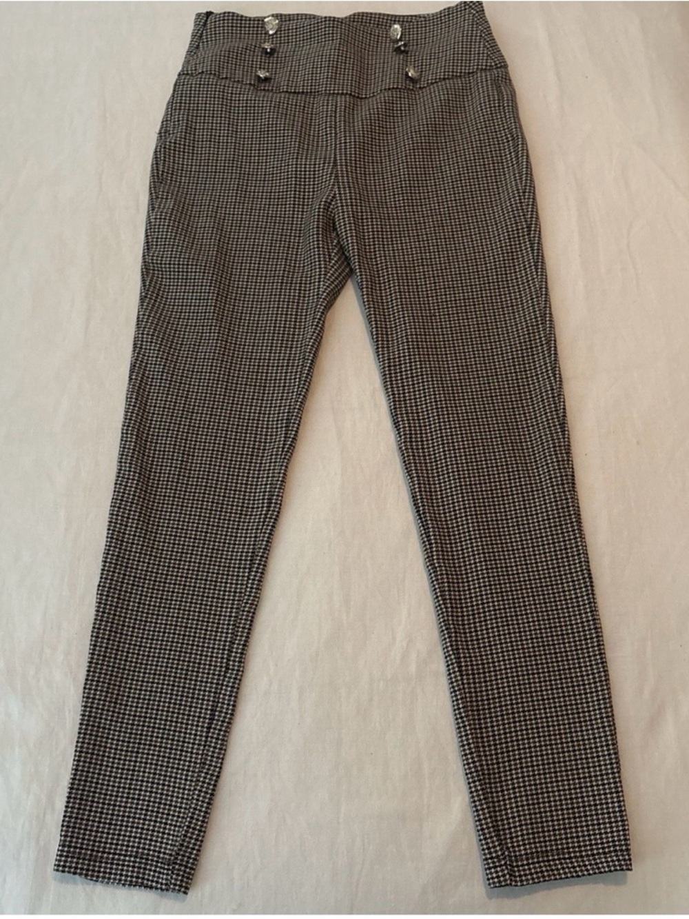 Women's Black and White Houndstooth Slim Trousers Button Sailor Waist